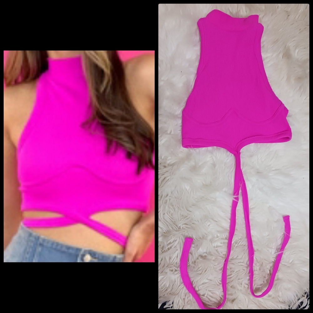 Women Fuschia pink stretchable high neck cut out tie top